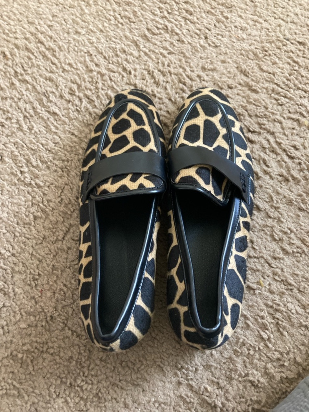 Giraffe-Print Slip-On Loafers in Tan and Black